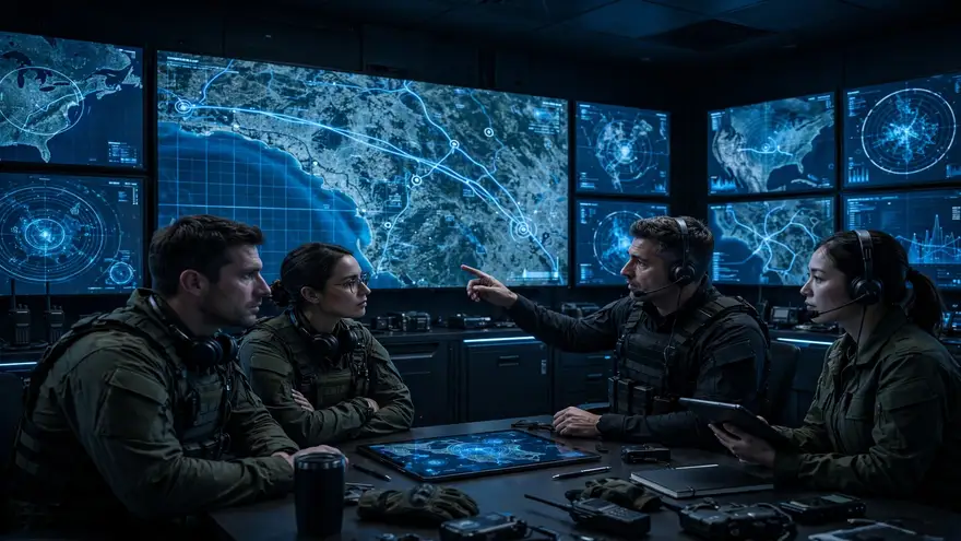Officers reviewing an AI-generated mission plan in a command center