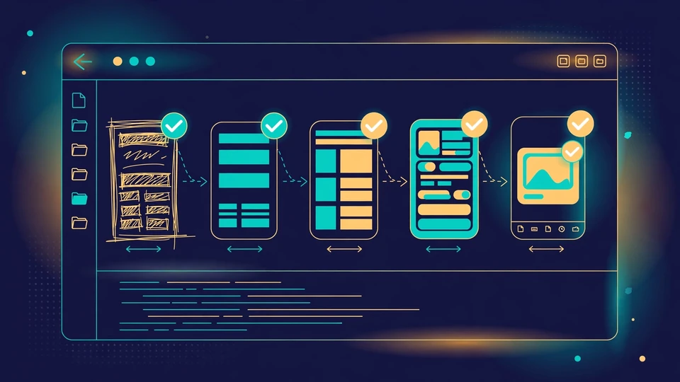 Pipeline of app screens progressing from wireframe sketches to a polished interface