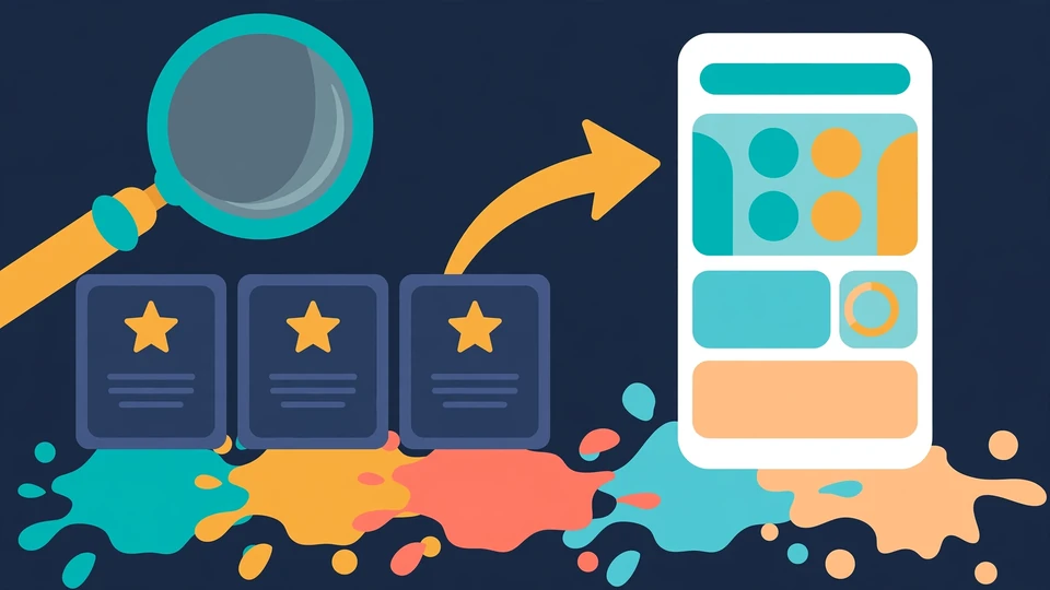 Magnifying glass over user reviews pointing to a redesigned app