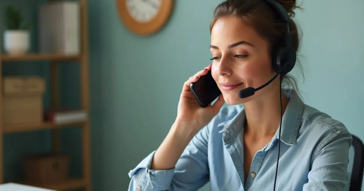 A customer service agent wearing a headset, taking a call