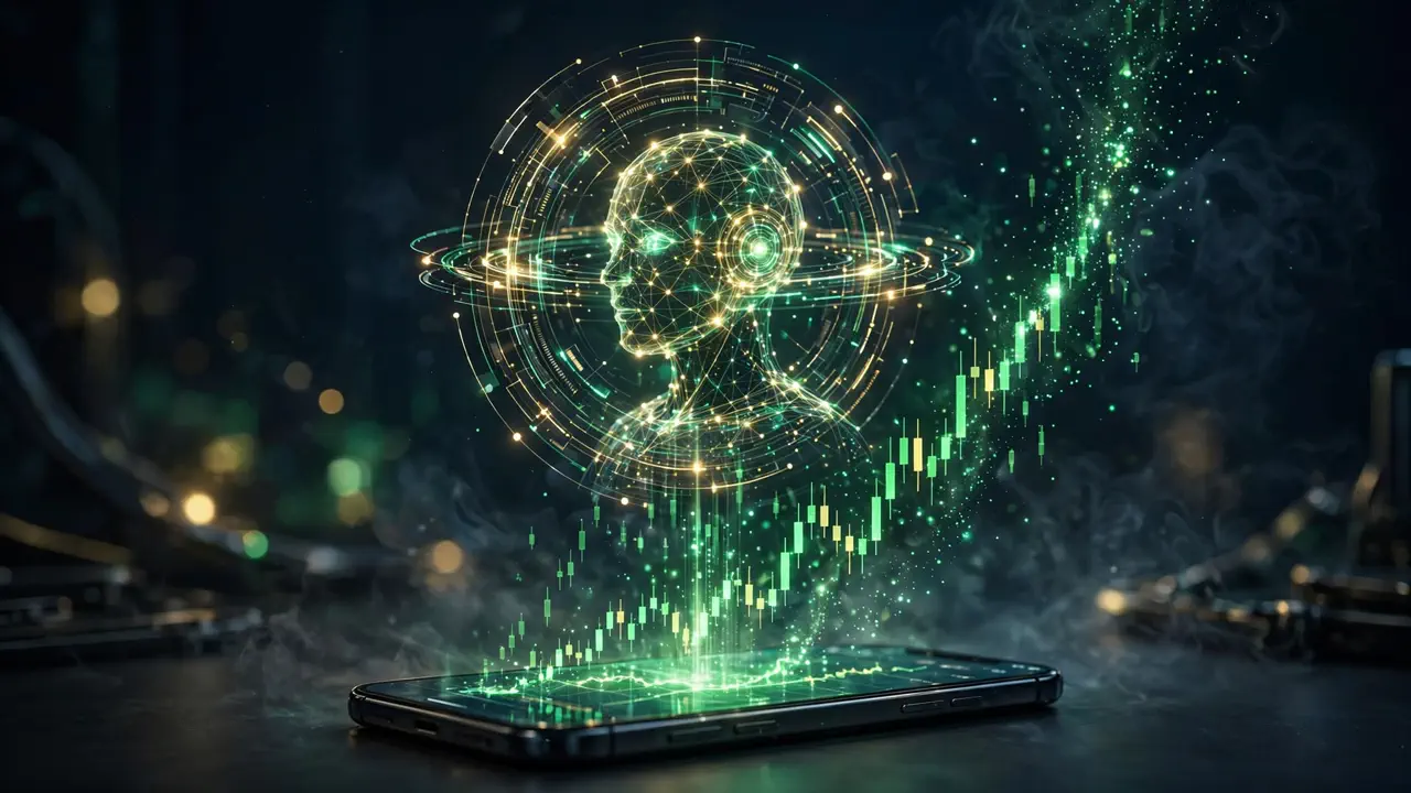 Editorial illustration: a glowing holographic AI trading agent interface hovering above a smartphone showing a rising stock chart