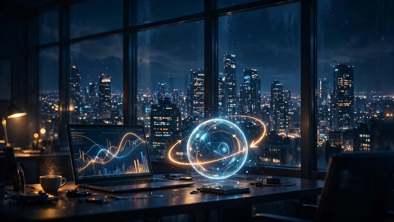 Editorial illustration: an AI assistant orb on a desk beside a laptop showing market charts at night, with a looping arrow symbolizing an overnight trading routine
