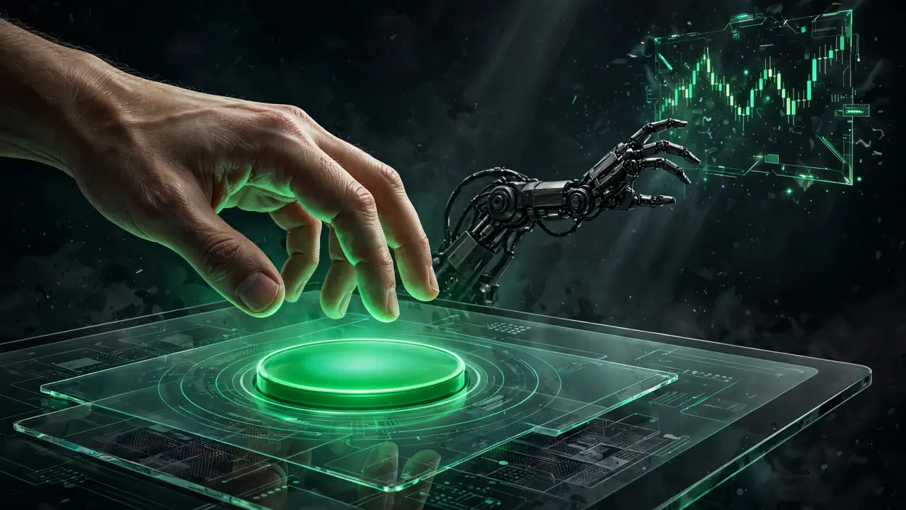 Editorial illustration: a human hand hovering over a glowing green approval button while a robotic arm reaches toward a stock chart, capturing the tension between automation and human control