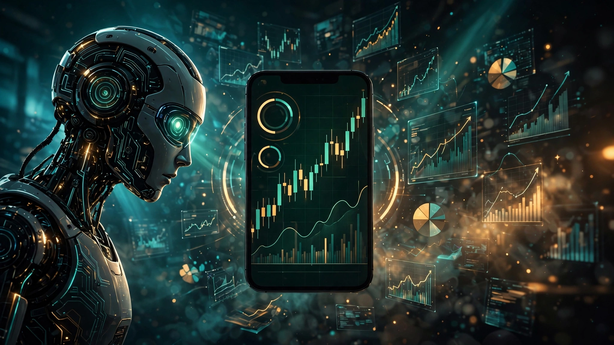An AI robot silhouette studying a candlestick stock chart on a trading app on a smartphone