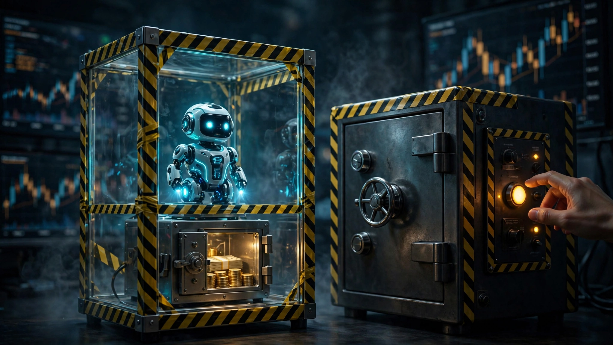 A small AI robot inside a caution-striped glass box next to a safe, with a human hand near an approval button
