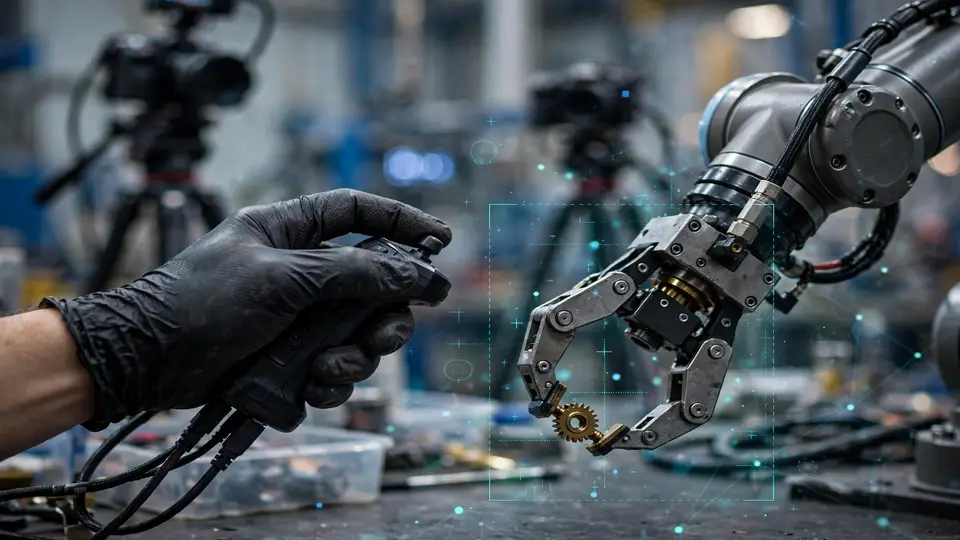 A worker teleoperating a robotic arm gripper, captured for robot training data