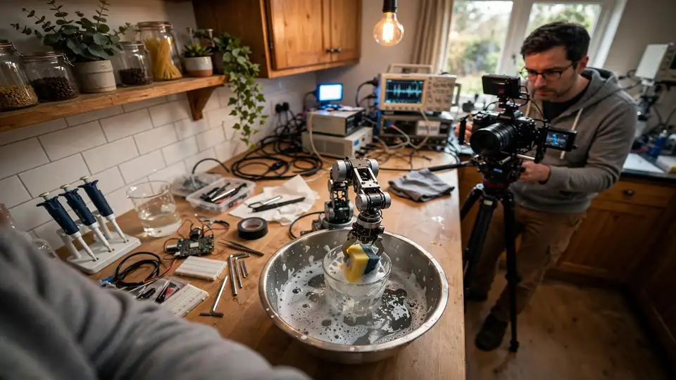 A home kitchen where a robot arm is trained by watching a person do household tasks