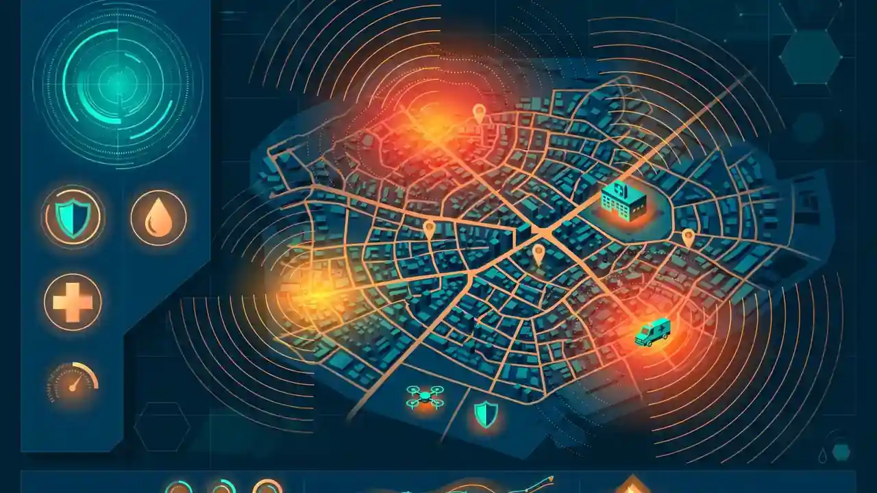 A stylized city map showing glowing AI-driven outbreak forecast heat zones radiating over neighborhoods