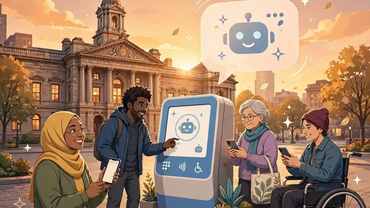 Residents using a civic-tech service kiosk and smartphones with a chatbot interface, with city hall behind them at golden hour