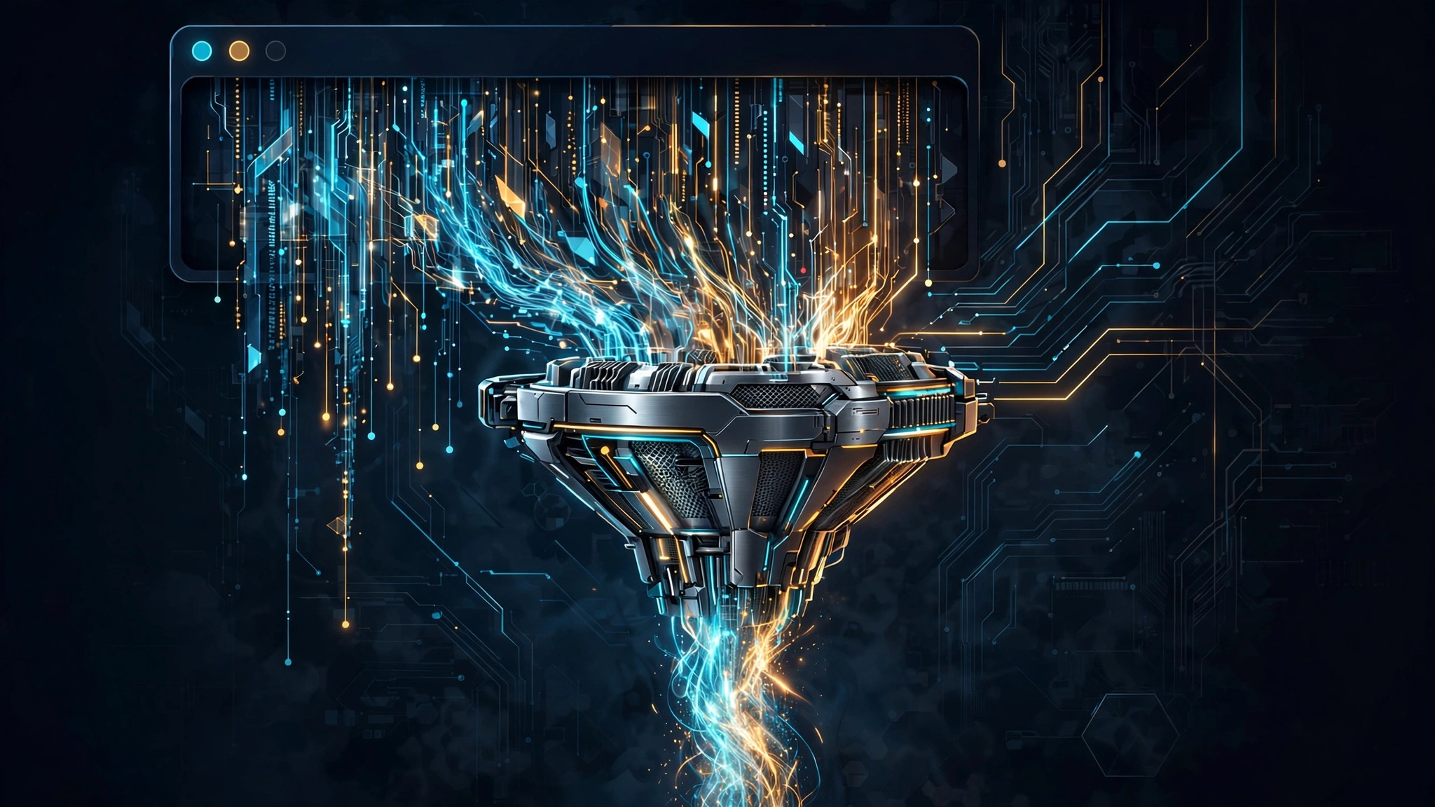 Editorial illustration: a metallic compression filter squeezing wide streams of terminal output into a single dense data stream, cyan and amber on dark navy
