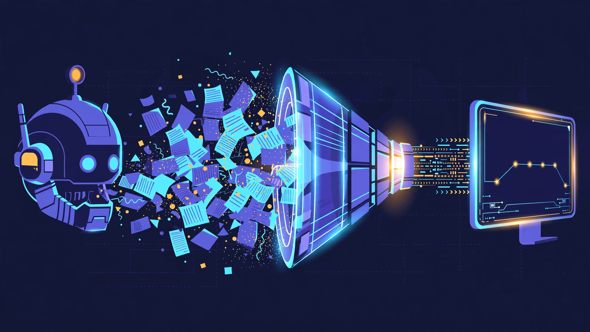 Illustration of the RTK pipeline: an agent's wide noisy output stream squeezed through a filter into a narrow clean stream delivered to a terminal