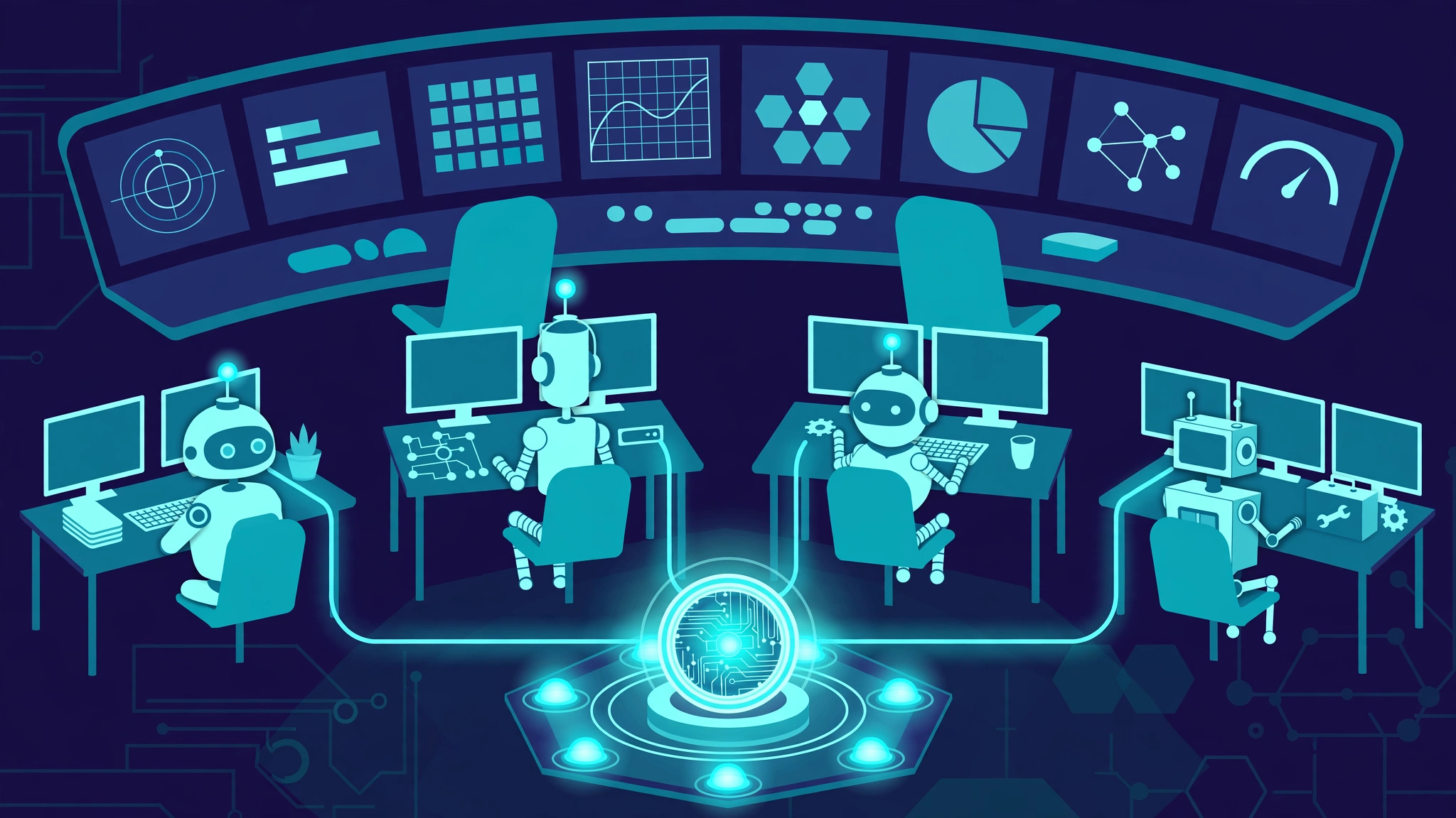 Illustration of a mission-control console overseeing several robot coding agents connected to a shared glowing memory core