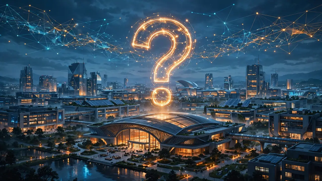 Editorial illustration of a conference hall under a glowing question mark at dusk