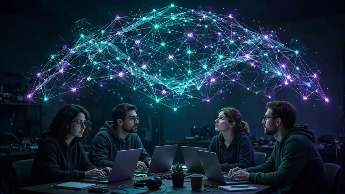 Editorial illustration of developers under a glowing neural network