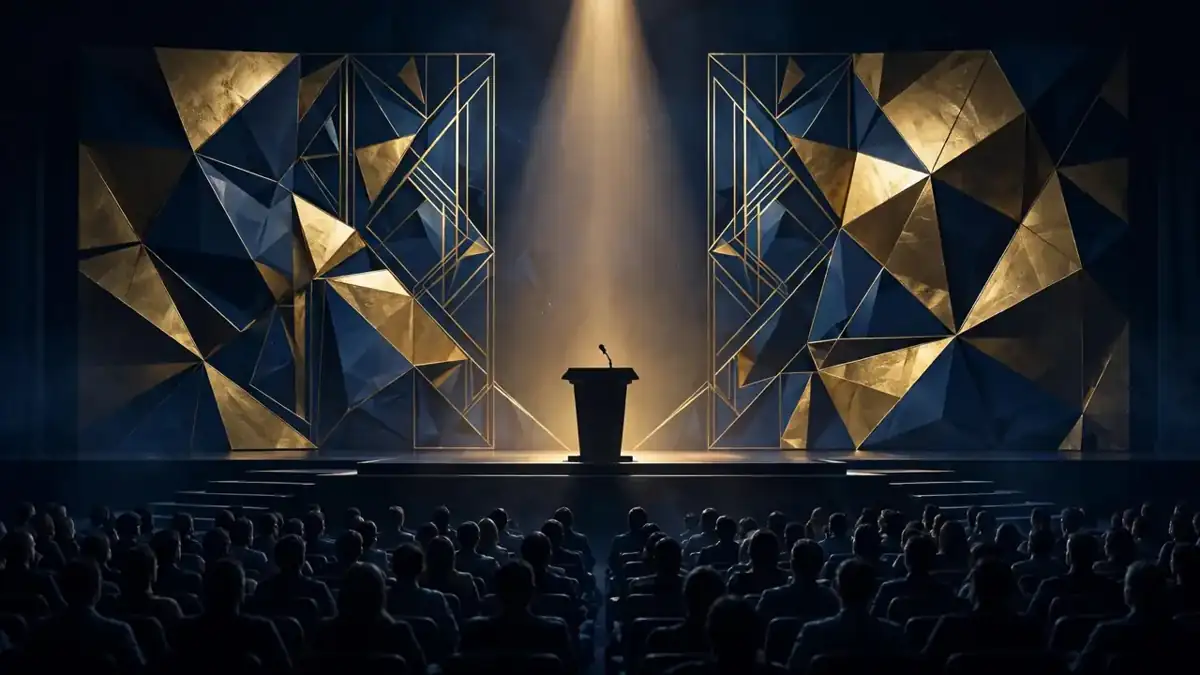 Editorial illustration of an empty conference stage under a spotlight