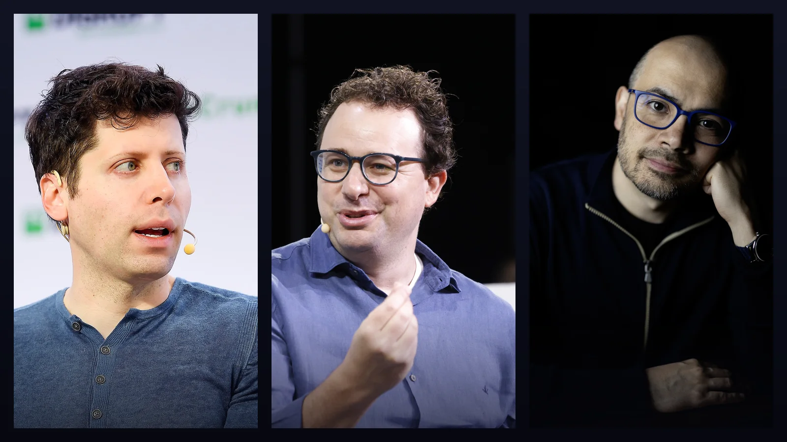 Portraits of Sam Altman, Dario Amodei and Demis Hassabis side by side on a dark background
