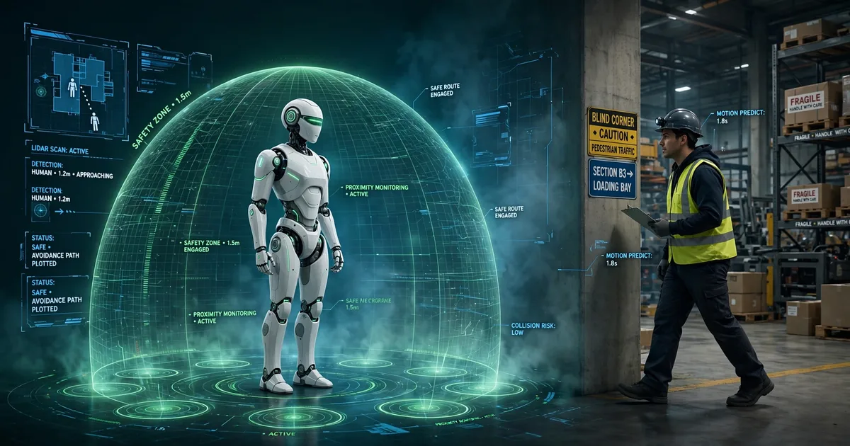 A white humanoid robot inside a green holographic safety zone dome, facing a worker at a warehouse blind corner.
