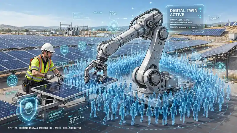 A robot arm beside a human worker installing solar panels, overlaid with thousands of simulated human figures in a digital twin.
