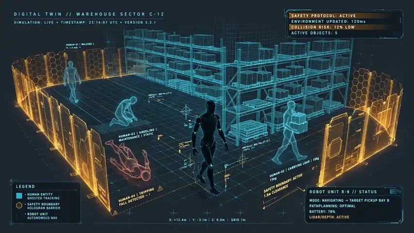 A wireframe digital-twin warehouse simulation with a robot navigating past ghosted human figures in various poses.
