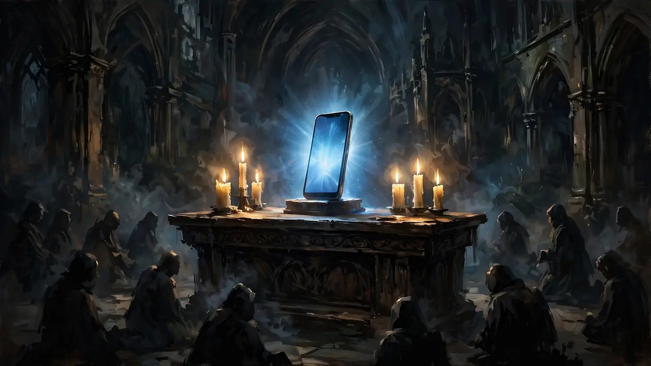 Editorial illustration of a glowing phone treated like a sacred icon on a cathedral altar, surrounded by candles and kneeling worshippers