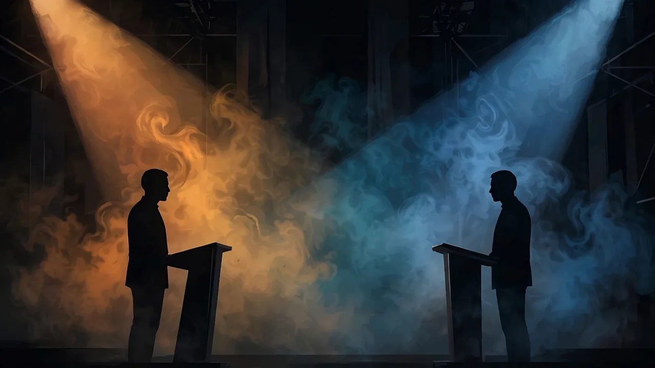 Editorial illustration of two silhouetted figures at podiums facing each other across a dark stage, one in warm light and one in cold light