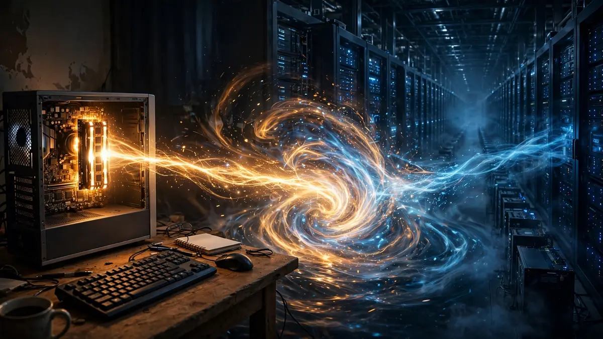 A home computer with glowing memory modules facing a vast data-center hall, with light streaming between them