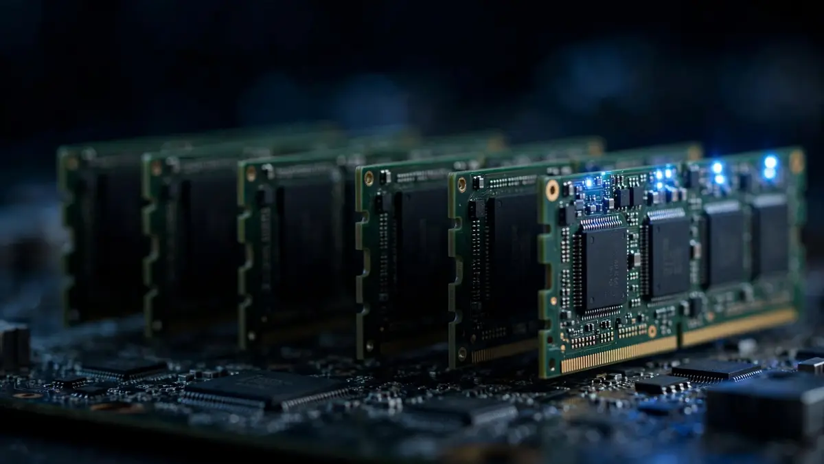 Rows of computer memory modules, most of them dim and idle