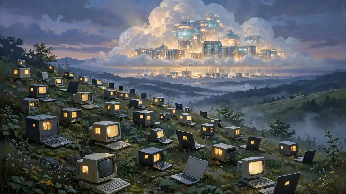 Many small home computers with warm lit screens on a hillside, facing a glowing cloud city on the horizon