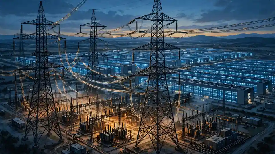 Illustration: transmission towers feeding a glowing hyperscale data-center campus at dusk