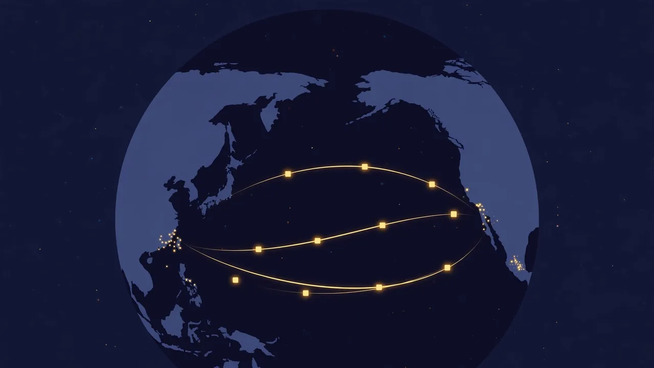 Illustration: glowing data-center nodes connected across a world map at night