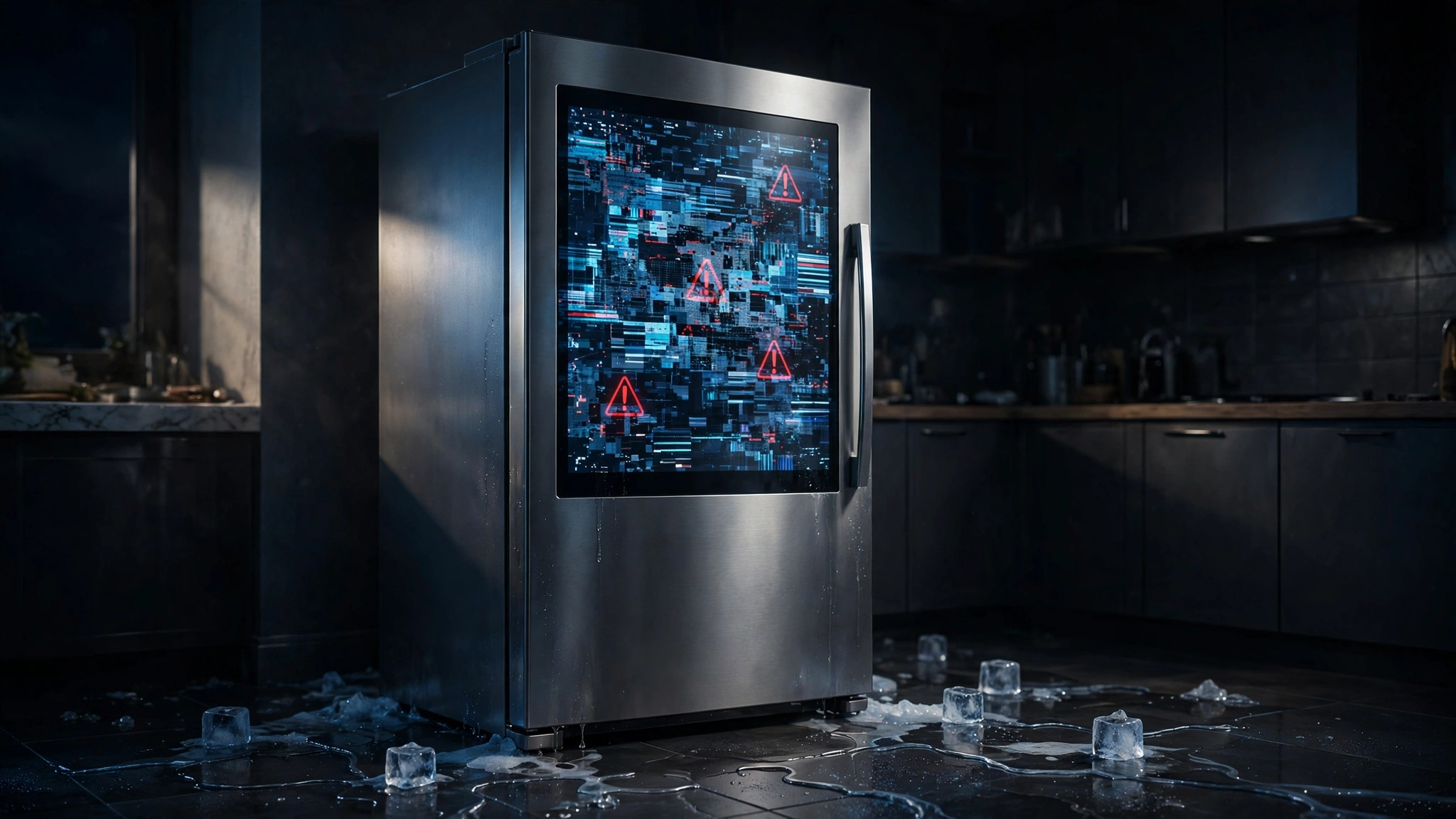 Editorial illustration of a smart fridge with a glitching touchscreen and melting ice on the floor.