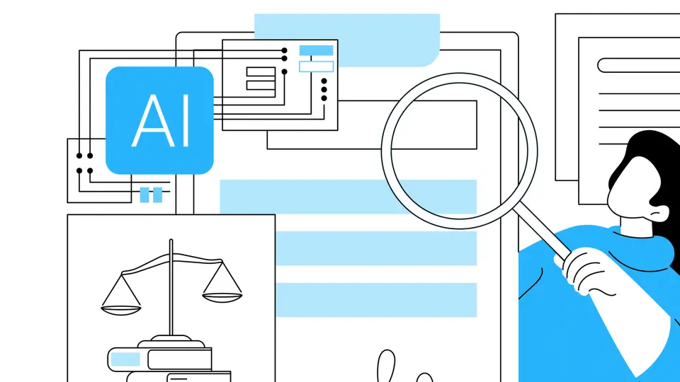 An illustration of AI examining documents under a magnifier beside scales of justice