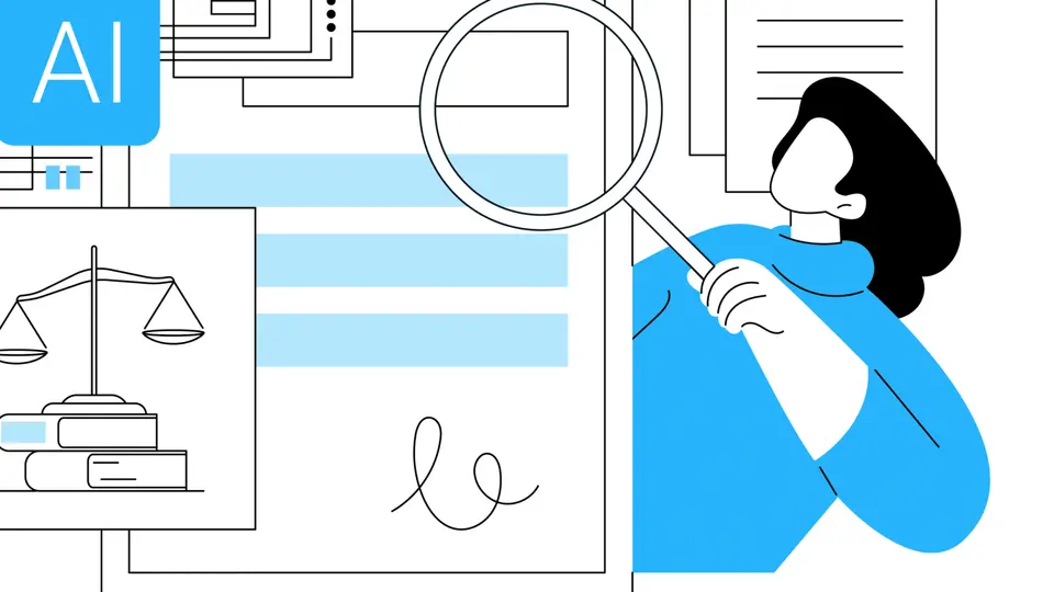 A reviewer examining documents with a magnifier next to AI and legal symbols