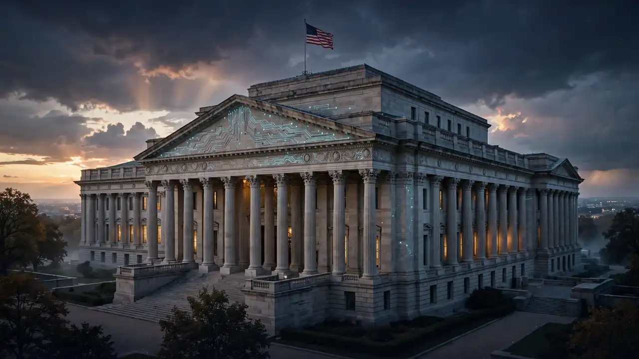 Concept illustration of a grand federal agency building at dusk with a glowing circuit motif and an American flag