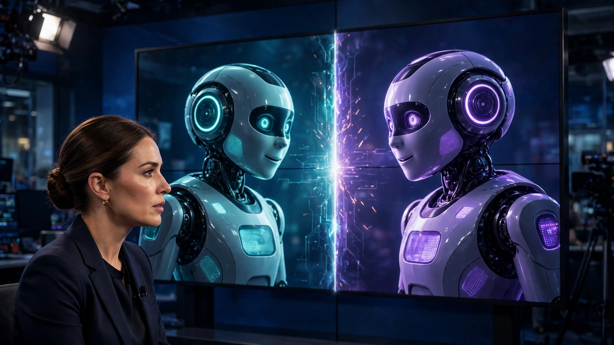 OpenAI CFO Sarah Friar on a TV interview set as two rival AI agent robots face off