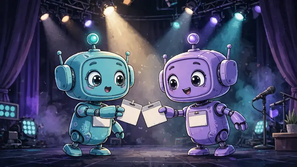 Two cute AI robot characters on a stage accidentally swapping their name badges