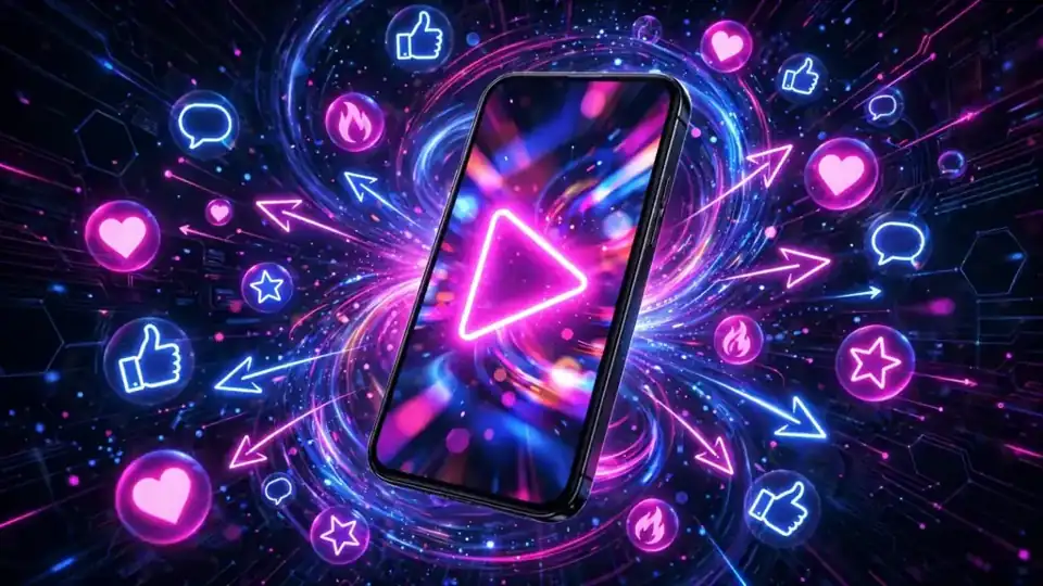 A smartphone playing a viral video clip surrounded by swirling social media reaction bubbles