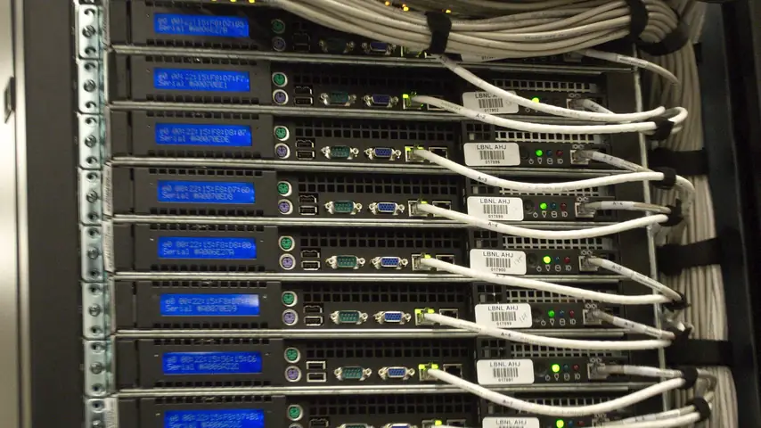 Close-up of the rear of a server rack at a data center.