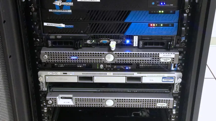 A rack filled with servers in a data center.