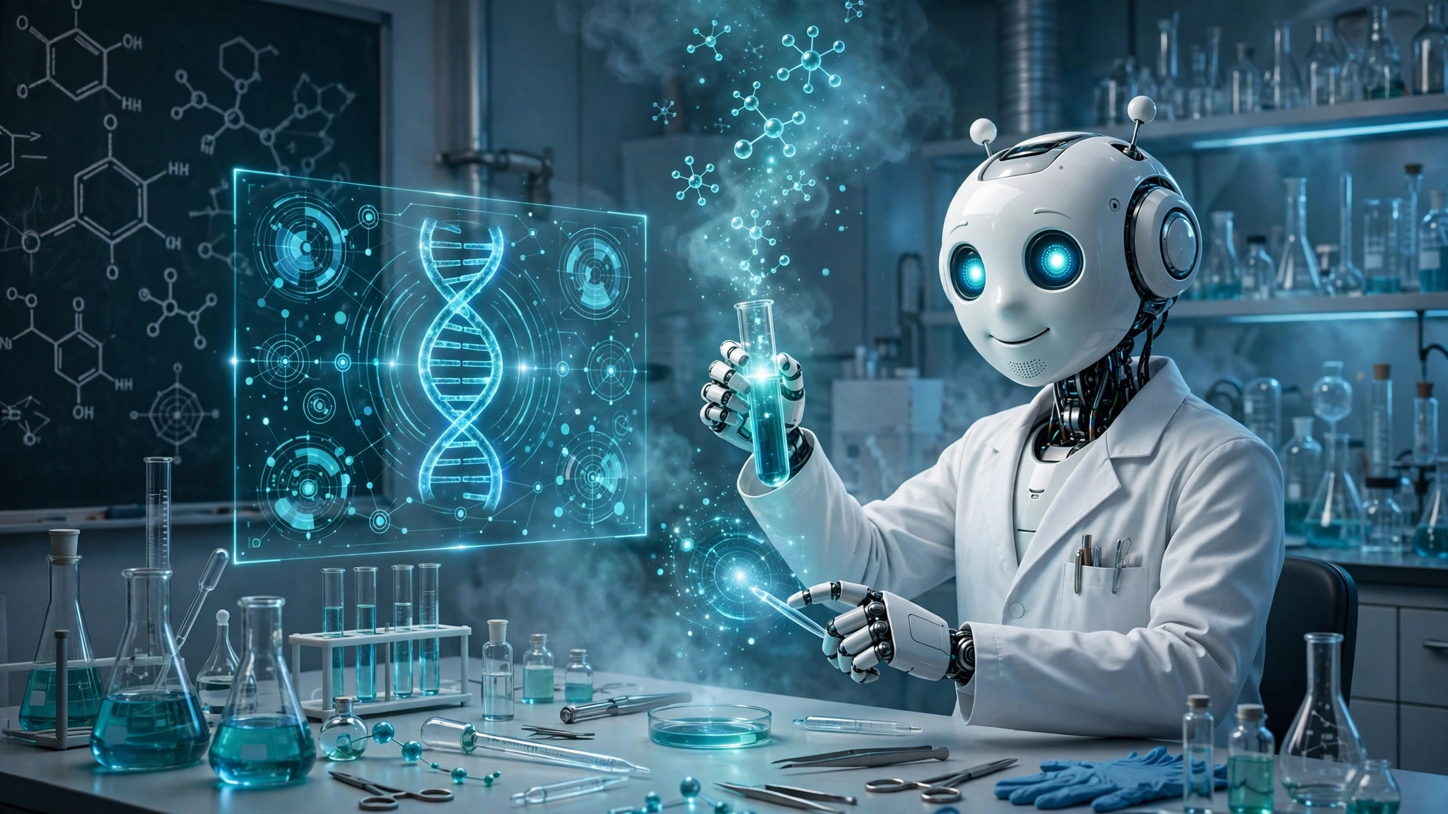 A robot scientist in a white lab coat holding a glowing test tube beside a holographic DNA display in a laboratory
