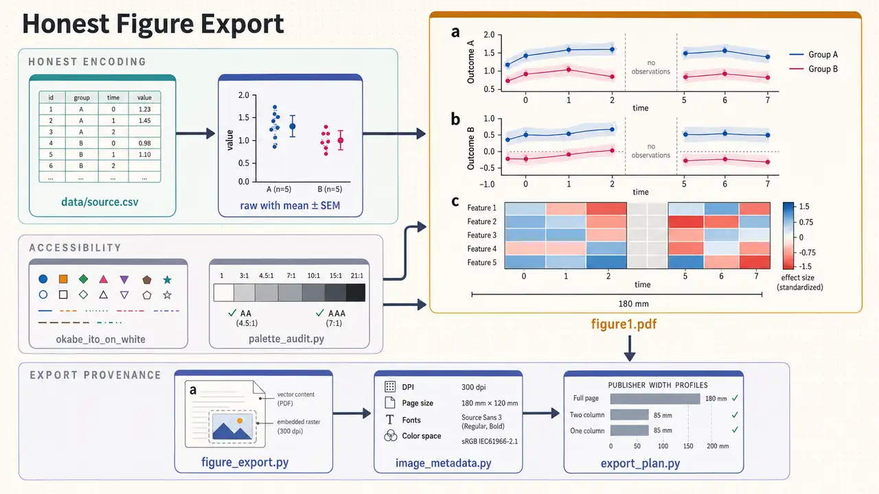 Workflow diagram of the scientific-visualization skill: honest encoding from raw data, accessibility checks with palette audit, and export provenance with DPI, fonts, and publisher width profiles