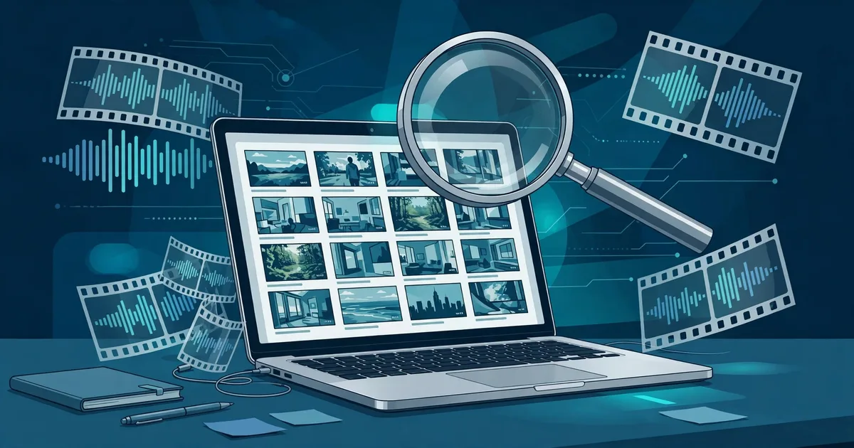 A magnifying glass sweeps a grid of video frames on a laptop screen — SCM (Screen Memories) searches every frame of your media, all on-device.