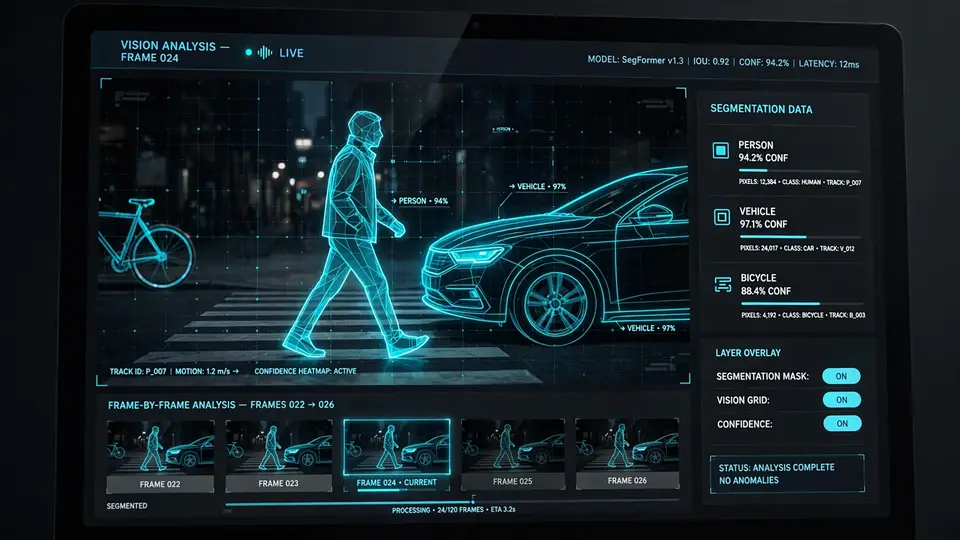 A video frame being segmented shot by shot with glowing boundaries, an AI vision grid overlay