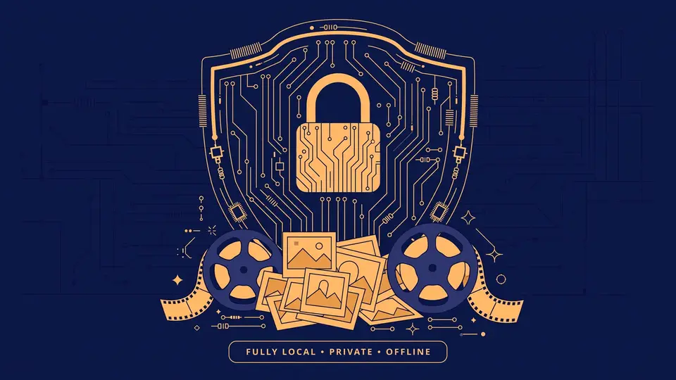 A vault built of circuit lines sheltering photos and film reels, symbolizing fully local private processing