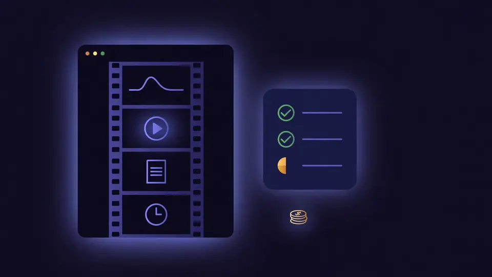 A browser replay film strip beside a checklist receipt with a cost summary
