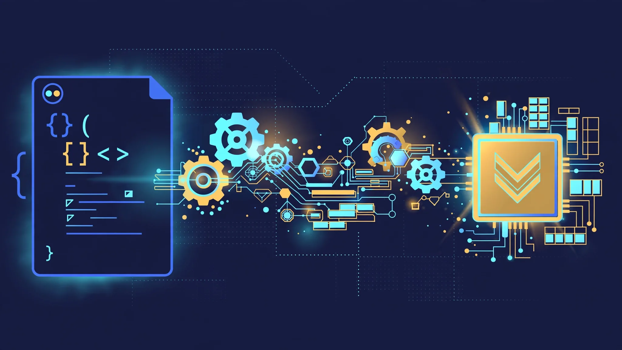Editorial illustration: a TypeScript file feeding into a glowing compiler pipeline of gears and nodes, emerging as a small shining native binary chip, cyan and amber on dark navy