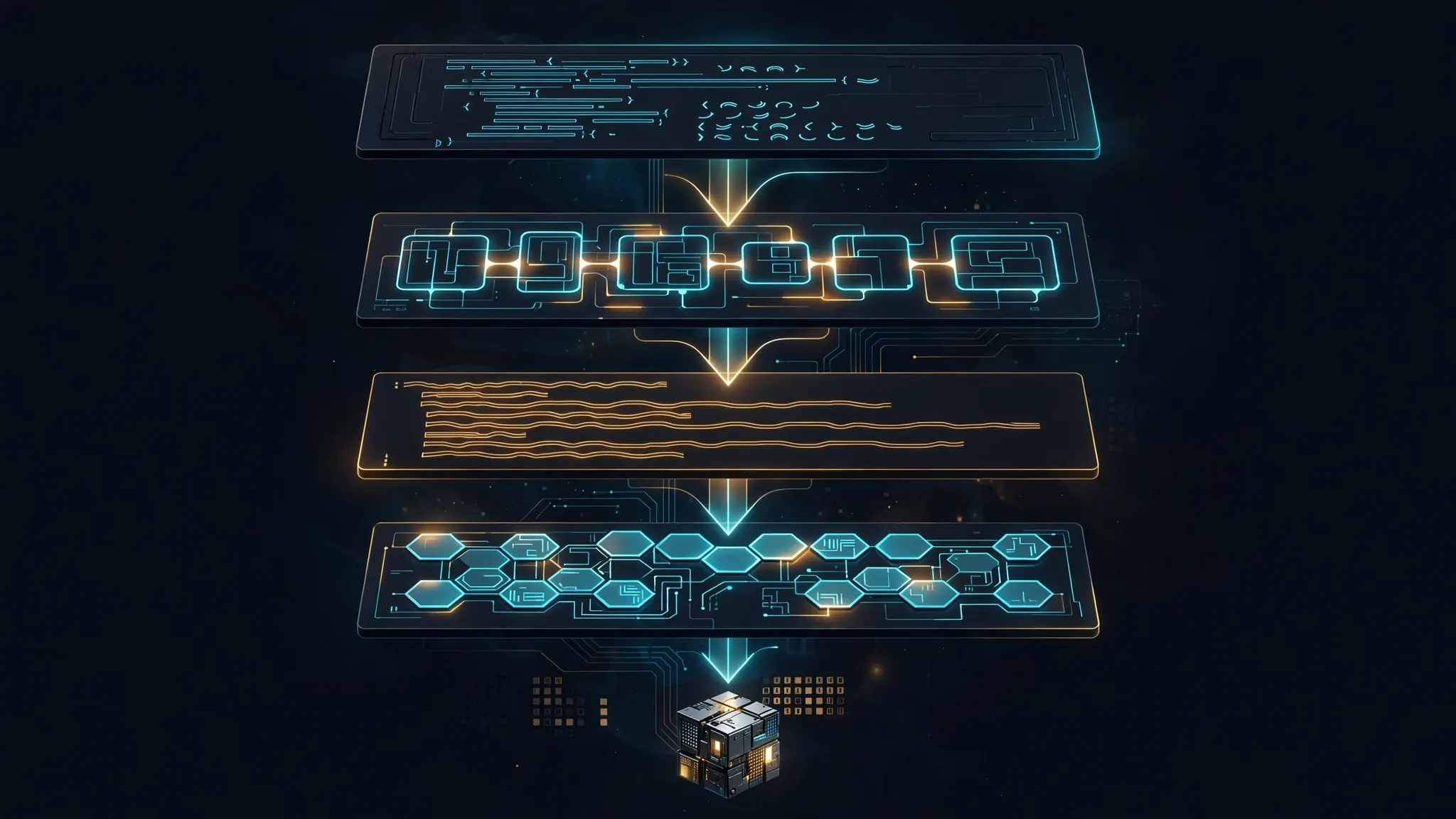 Illustration of the scriptc compiler pipeline: typed code flowing through intermediate representation stages to a native binary