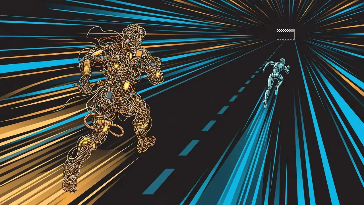 Illustration of a race between a heavy JavaScript runtime and a sleek native binary sprinter