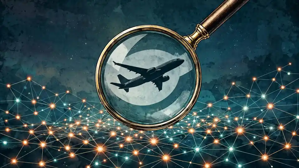 AI-generated illustration of an airliner seen through a magnifying glass over a network of search queries
