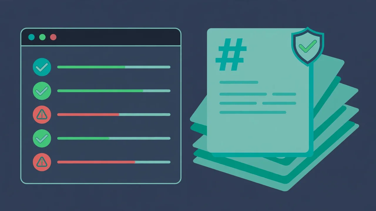 Illustration of a terminal lint report with green checks and red warnings next to a stack of markdown documents